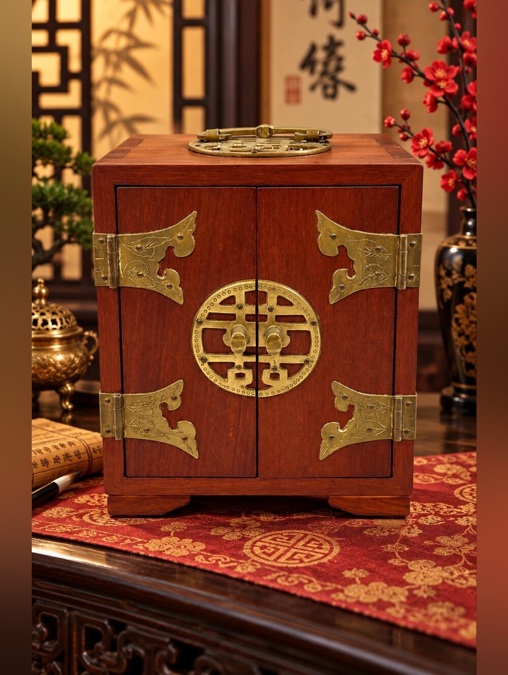 1950s ORIGINALChinese wood & brass-accented jewelry box or Tabletop Dresser - Picture 11 of 11